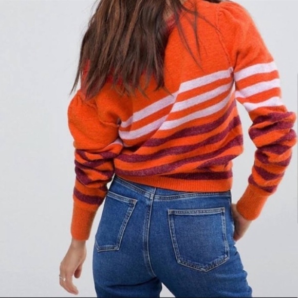 FREE PEOPLE Complete Me Orange Striped Cotton Alpaca Blend Knit Sweater M - Picture 11 of 16